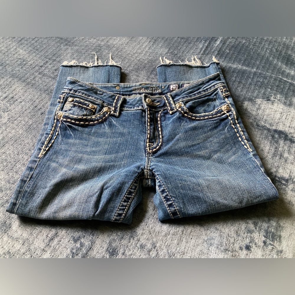 Miss Me Brand, size 29, cut off into capri length, dark wash, embellished jeans